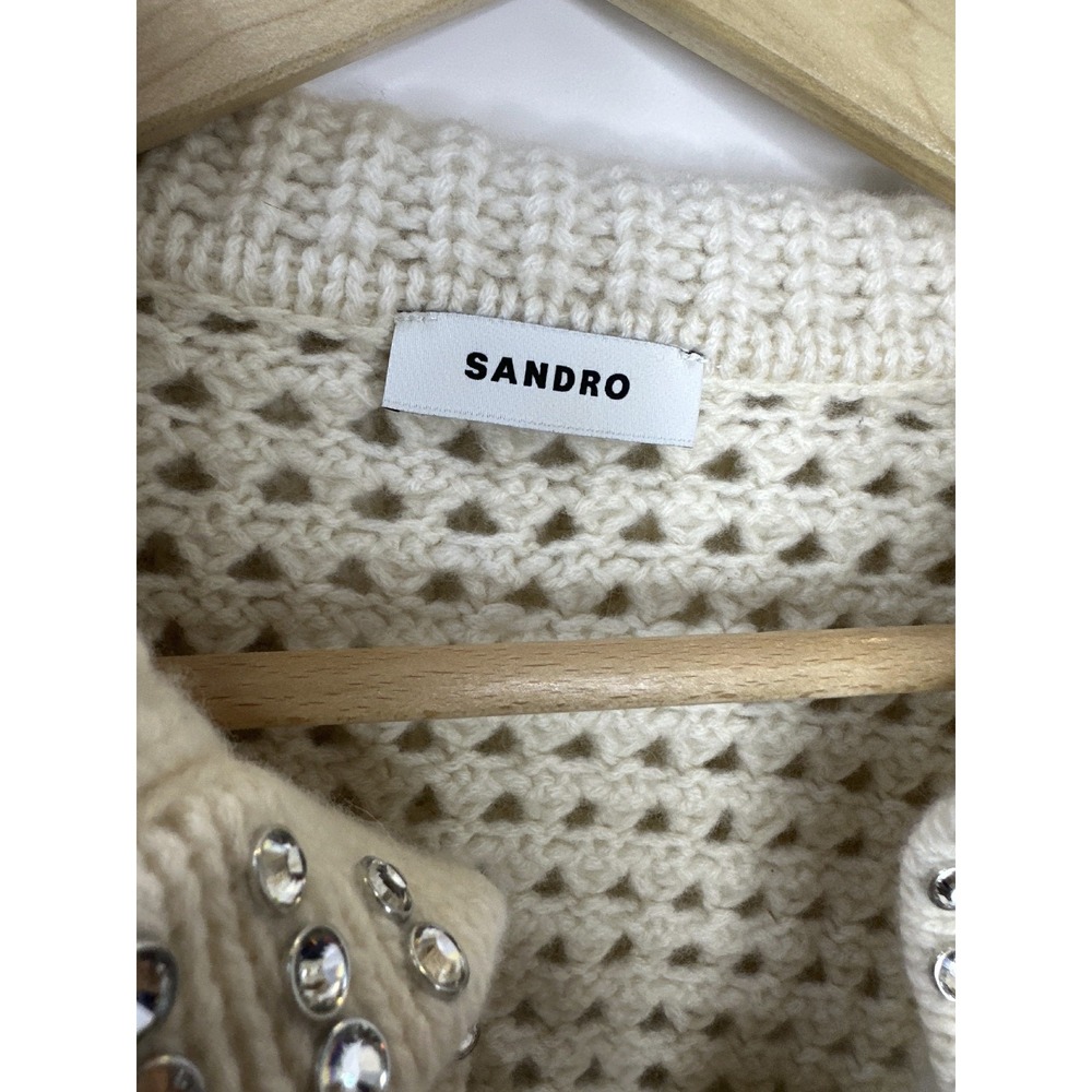 SANDRO Ursule Open Knit Sweater Chunky Pullover Rhinestone Wool Size 2 US M 6 - Picture 9 of 16